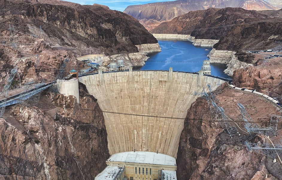 The impressive Hoover Dam, showcasing its massive structure and engineering feat