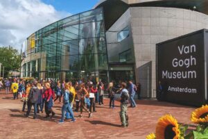 amsterdam van gogh museum tickets with visible entrance and visitors outside, representing ticket access