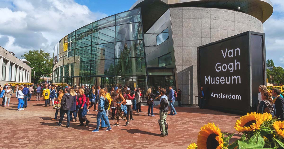 amsterdam van gogh museum tickets with visible entrance and visitors outside, representing ticket access