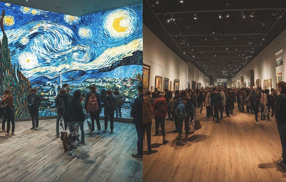 Comparison of Van Gogh Museum during peak hours with crowds versus quieter times, showing the best visiting periods