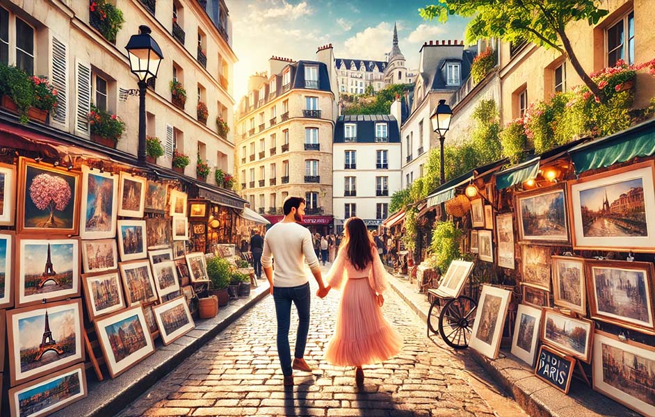 Romantic couple strolling hand-in-hand through Montmartre in Paris