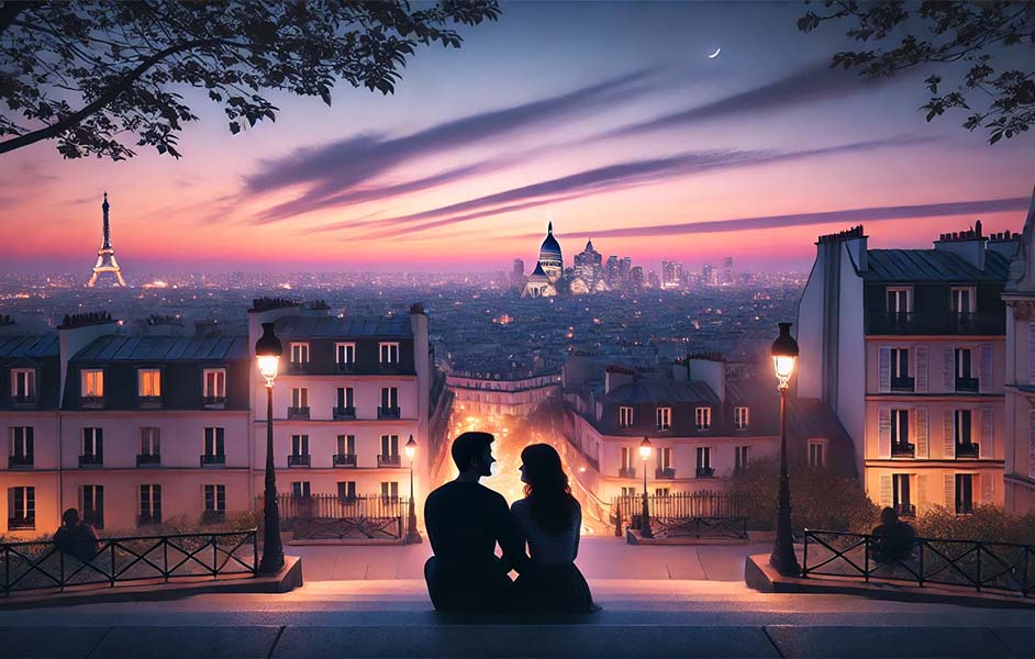 Romantic Paris city view from Sacré-Cœur at dusk with a couple