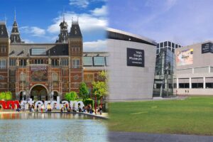 Rijksmuseum Vs Van Gogh Museum - Side-by-side comparison of the Rijksmuseum and Van Gogh Museum exteriors, highlighting their architectural styles